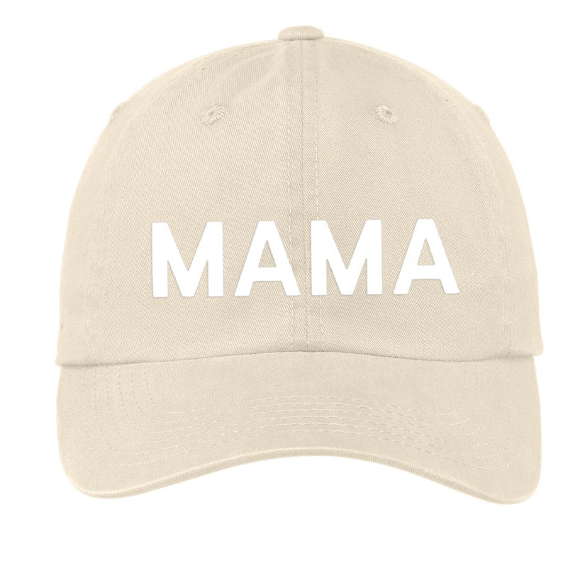 mama Block Letter Embroidery Baseball Hat (White + Tan Thread